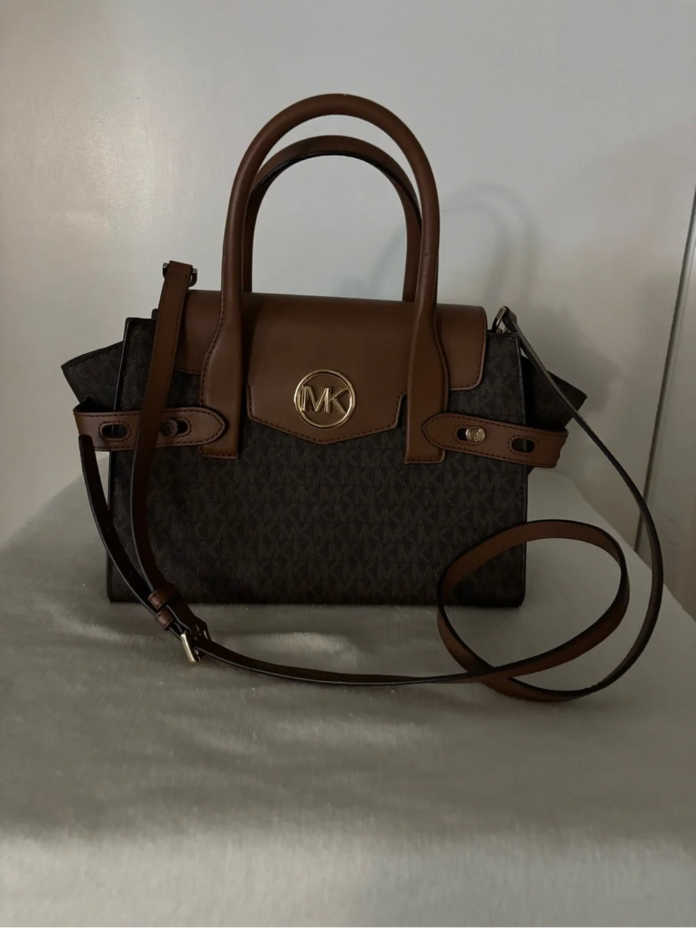 Michael Kors Carmen medium logo Brown and Dark Brown Signature crossbody Satchel